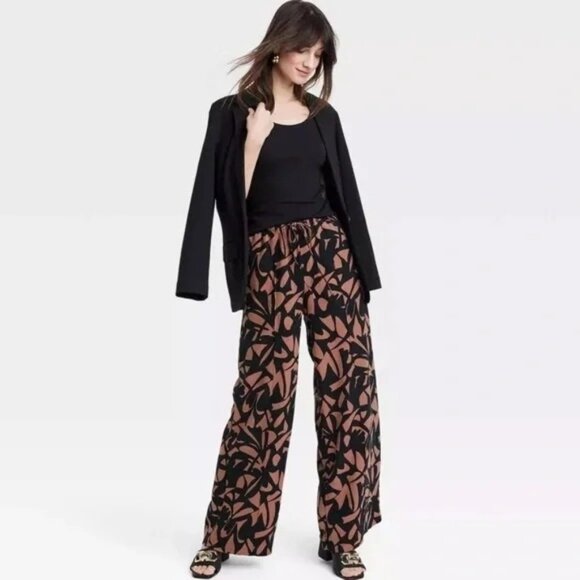 NEW A New Day High-Rise Wide Leg Linen Pull On Pants - Brown/Black - Picture 1 of 10